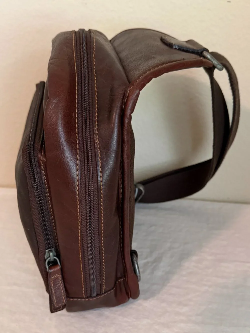 Jack Georges Leather Crossbody Backpack Brown Zip Closure Adjustable Strap Boho